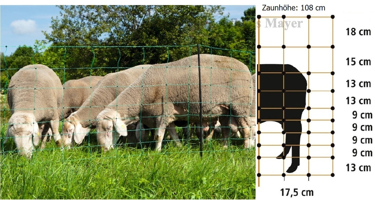Elektrifizierbares Schafnetz 90cm/108cm x 50m Einzelspitze grün