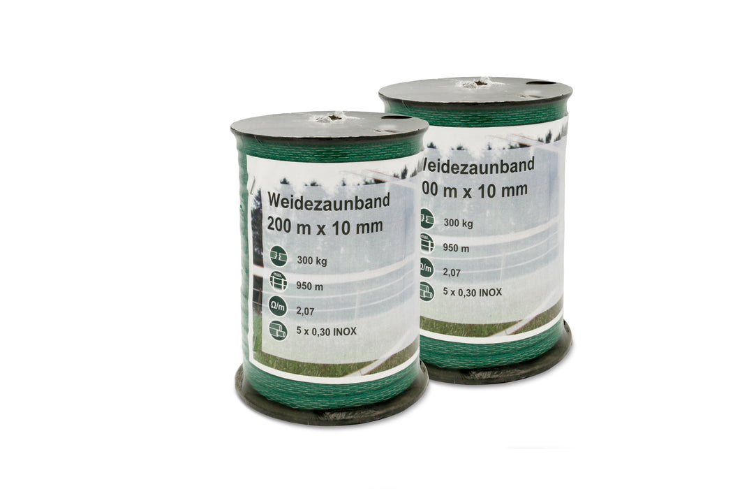 Weidezaunband grün 200m/10mm - Doppelpack + 2 Bandspanner