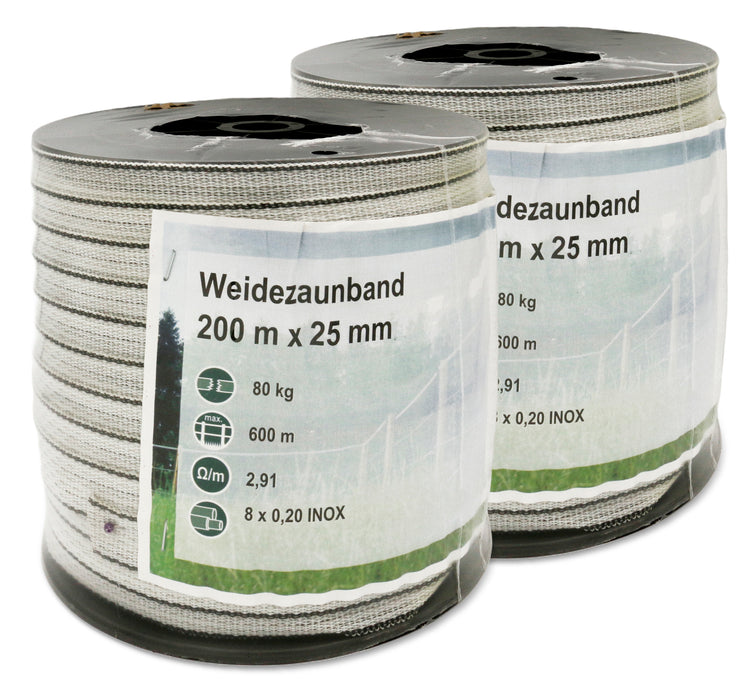 Weidezaunband weiß/grün 200m/25mm - Doppelpack + 2 Bandspanner