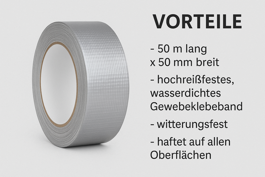 Gewebeklebeband silber - 50 mm x 50 m, witterungsbeständig & extra reißfest