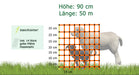 Diagramm eines elektrifizierbaren Schafzaunnetzes mit 90 cm Höhe und 50 m Länge, Maschenweite 15 cm, inkl. 14 gelber Pfähle mit Doppelspitze. Geeignet für Schafe und Hunde.